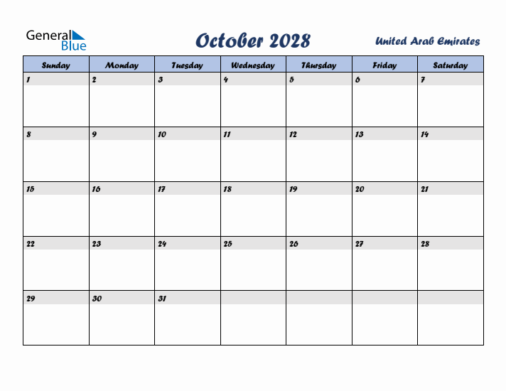 October 2028 Calendar with Holidays in United Arab Emirates