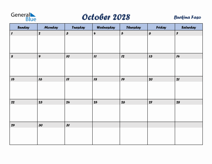 October 2028 Calendar with Holidays in Burkina Faso