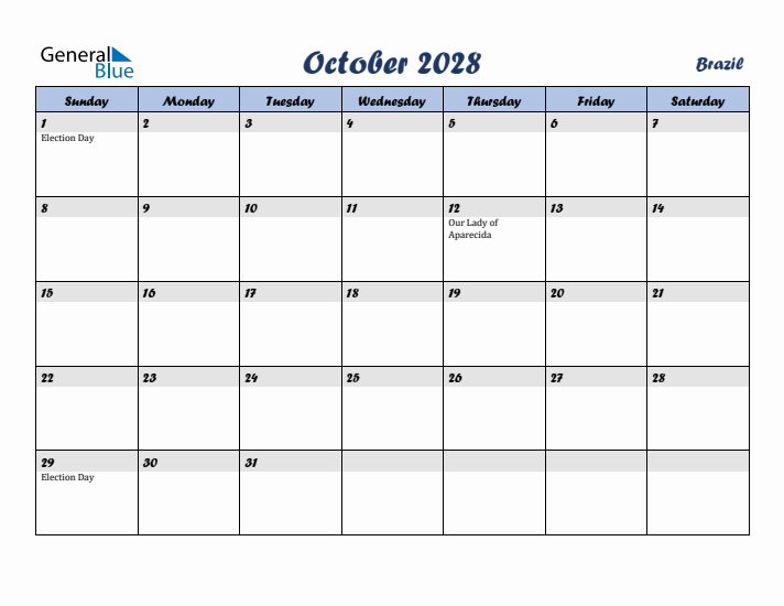 October 2028 Calendar with Holidays in Brazil