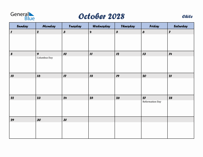 October 2028 Calendar with Holidays in Chile