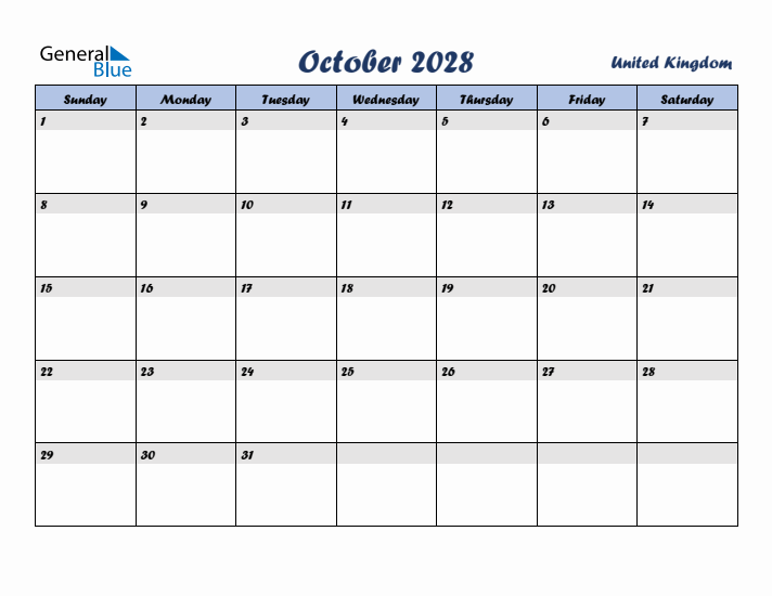 October 2028 Calendar with Holidays in United Kingdom