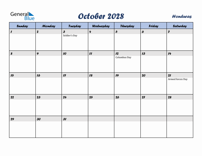 October 2028 Calendar with Holidays in Honduras