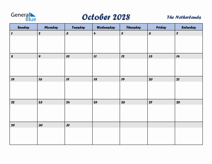 October 2028 Calendar with Holidays in The Netherlands