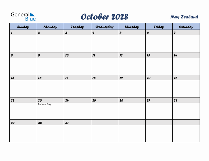 October 2028 Calendar with Holidays in New Zealand