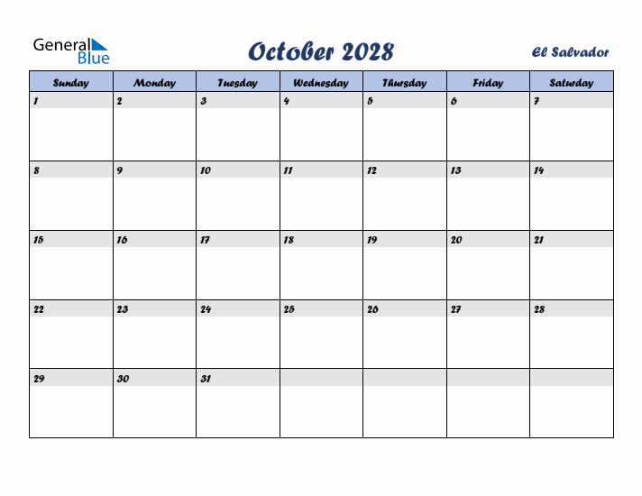 October 2028 Calendar with Holidays in El Salvador