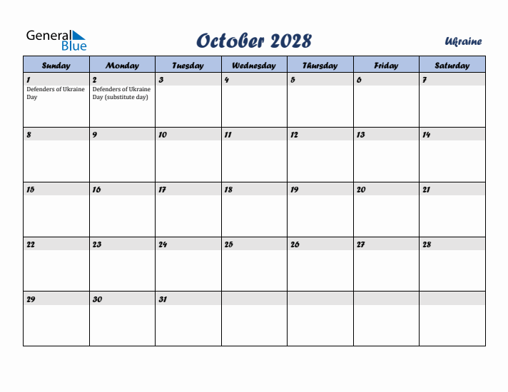 October 2028 Calendar with Holidays in Ukraine