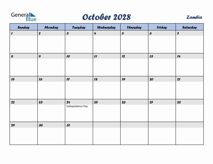 October 2028 Calendar with Holidays in Zambia