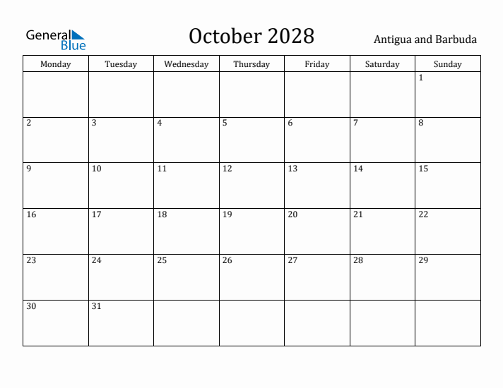 October 2028 Calendar Antigua and Barbuda