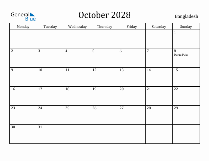 October 2028 Calendar Bangladesh