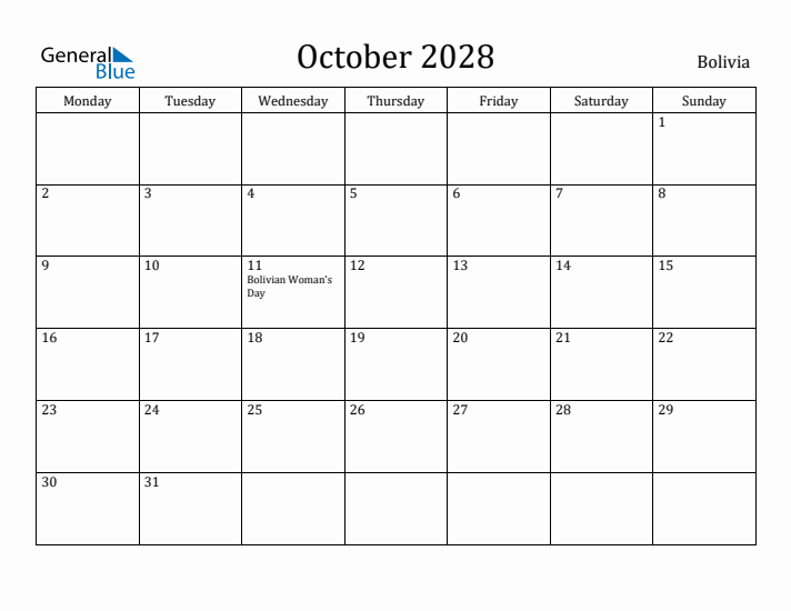 October 2028 Calendar Bolivia