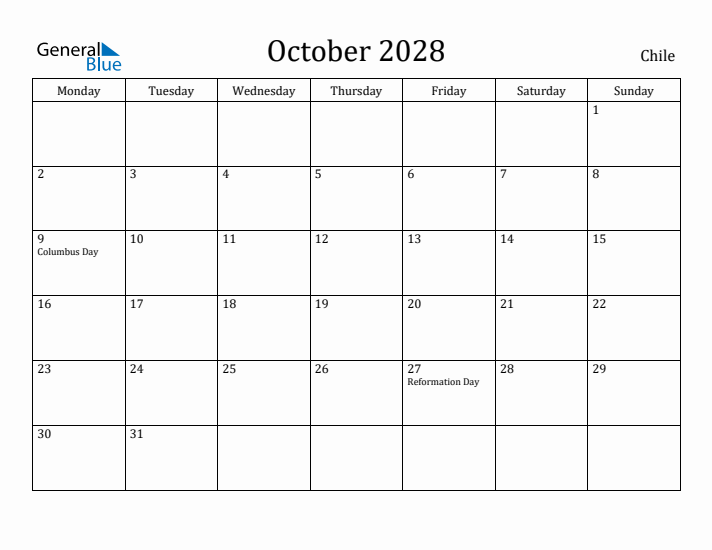 October 2028 Calendar Chile