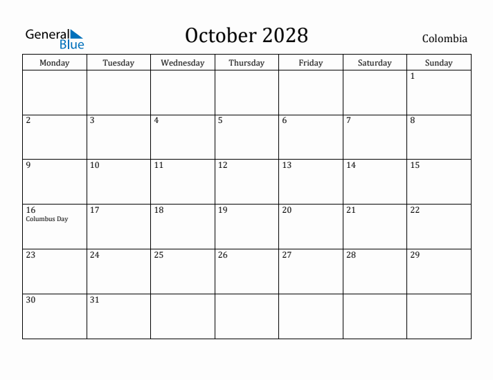 October 2028 Calendar Colombia