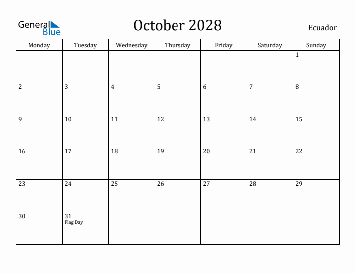 October 2028 Calendar Ecuador