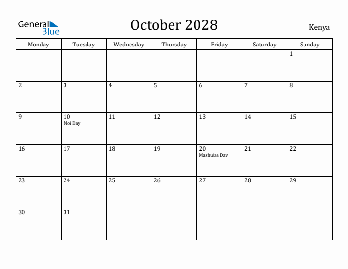 October 2028 Calendar Kenya