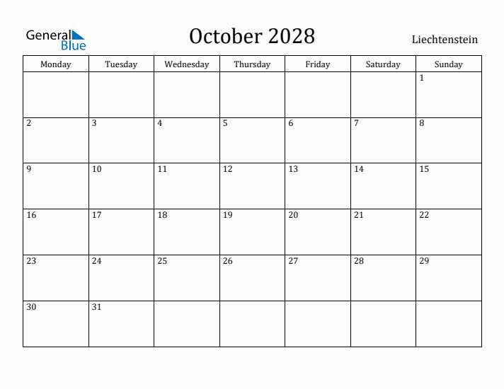 October 2028 Calendar Liechtenstein