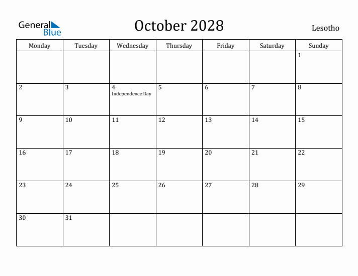 October 2028 Calendar Lesotho