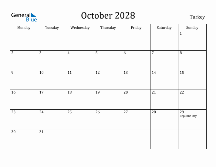 October 2028 Calendar Turkey