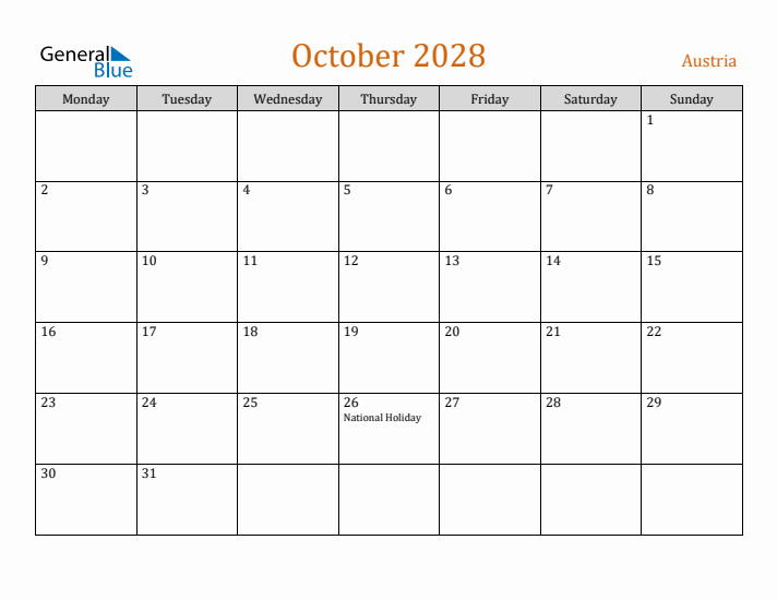 October 2028 Holiday Calendar with Monday Start