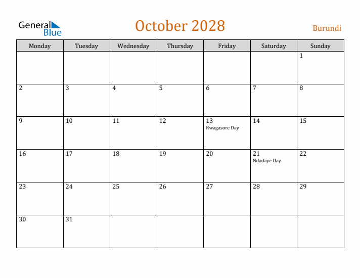 October 2028 Holiday Calendar with Monday Start