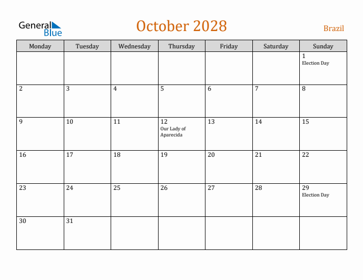 October 2028 Holiday Calendar with Monday Start