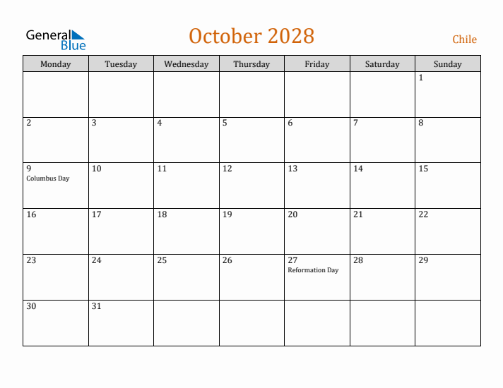 October 2028 Holiday Calendar with Monday Start