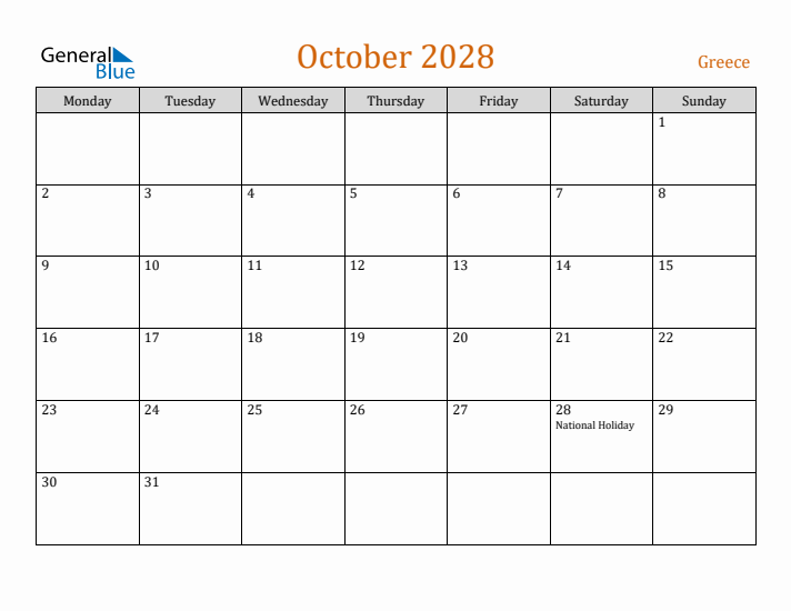 October 2028 Holiday Calendar with Monday Start