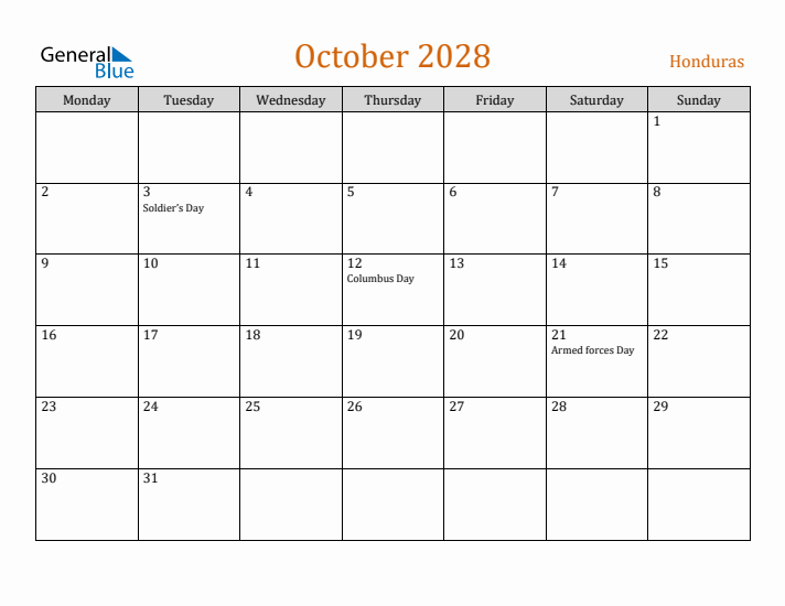 October 2028 Holiday Calendar with Monday Start