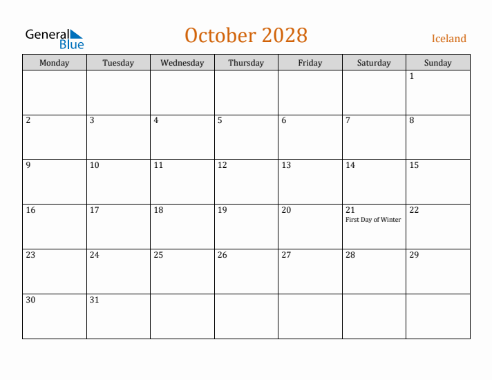 October 2028 Holiday Calendar with Monday Start