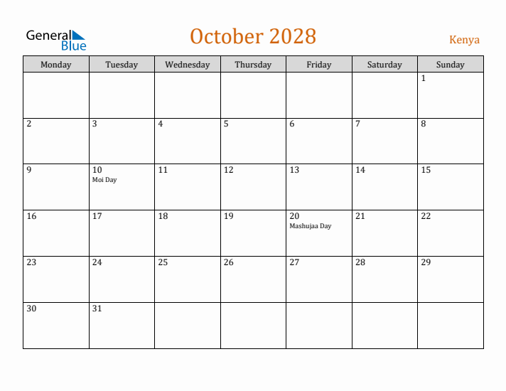 October 2028 Holiday Calendar with Monday Start