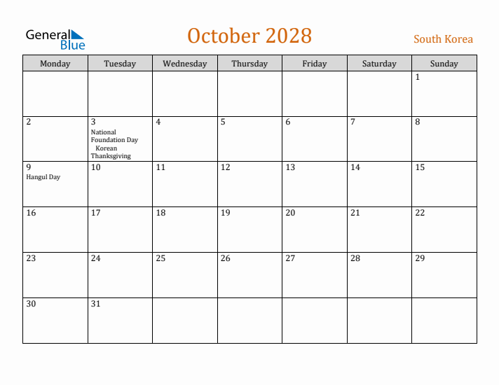 October 2028 Holiday Calendar with Monday Start