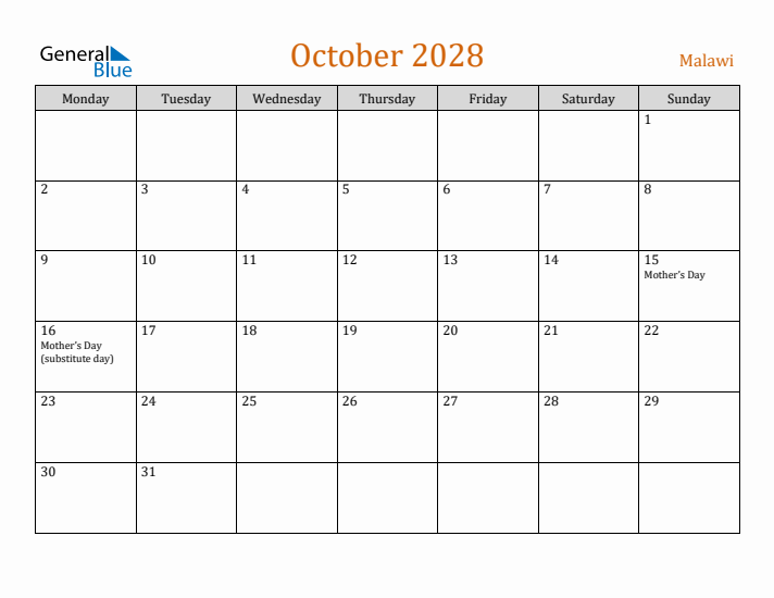 October 2028 Holiday Calendar with Monday Start