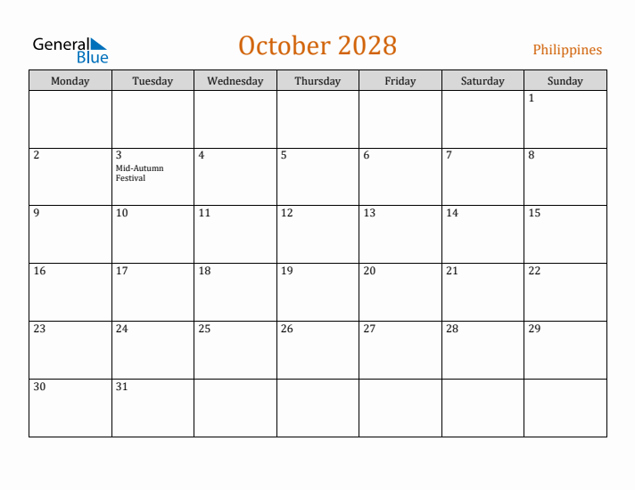 October 2028 Holiday Calendar with Monday Start