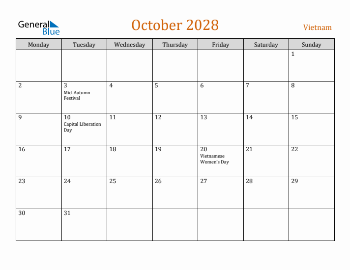 October 2028 Holiday Calendar with Monday Start