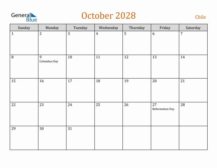 October 2028 Holiday Calendar with Sunday Start