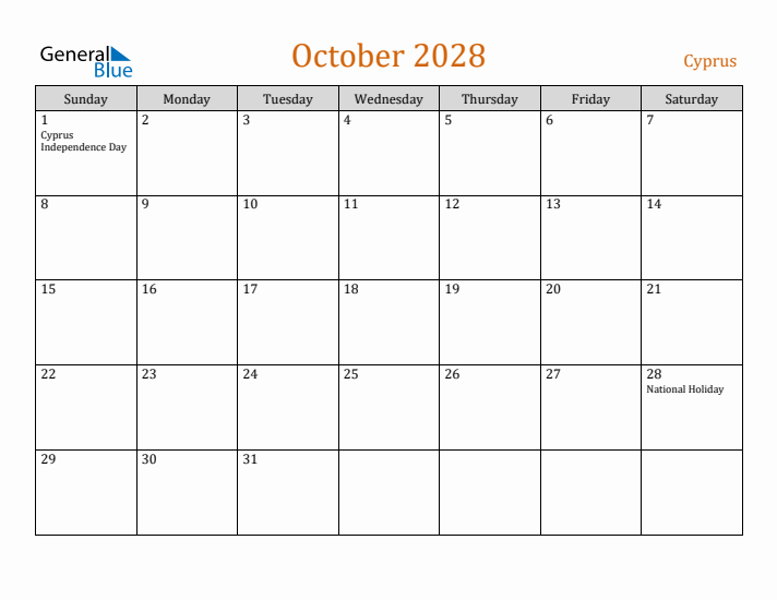 October 2028 Holiday Calendar with Sunday Start