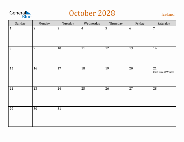 October 2028 Holiday Calendar with Sunday Start