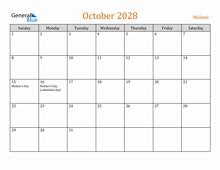 October 2028 Holiday Calendar with Sunday Start