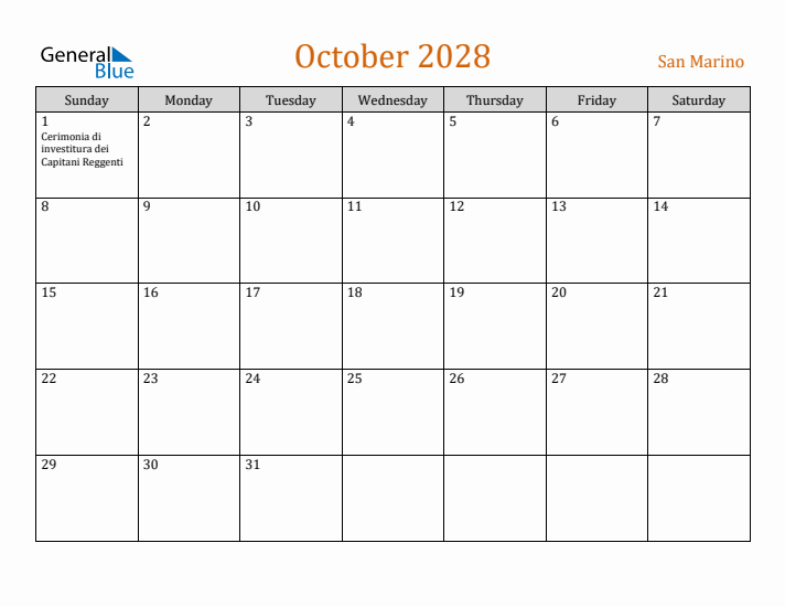 October 2028 Holiday Calendar with Sunday Start