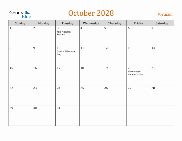 October 2028 Holiday Calendar with Sunday Start