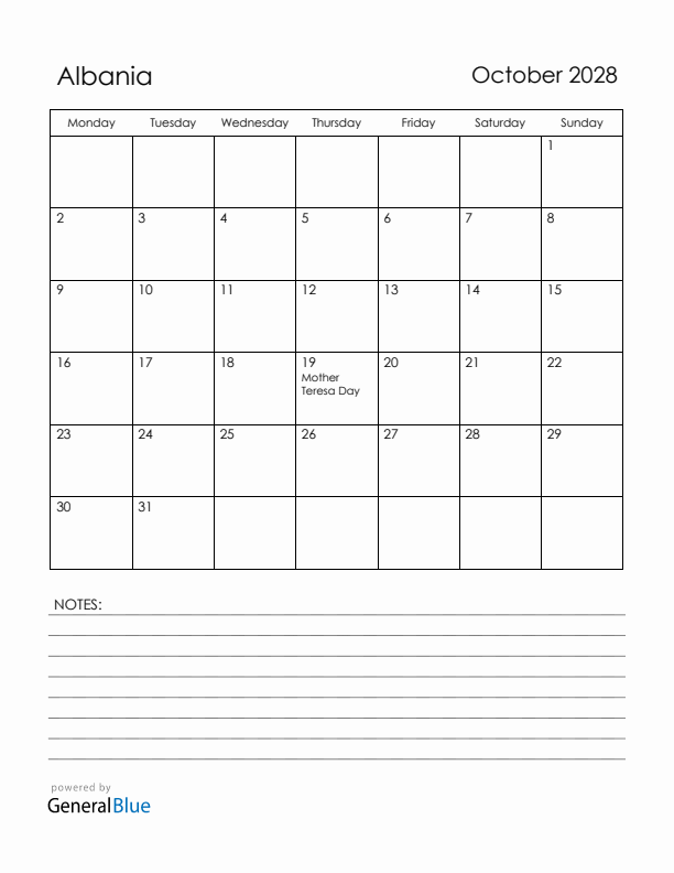 October 2028 Albania Calendar with Holidays (Monday Start)