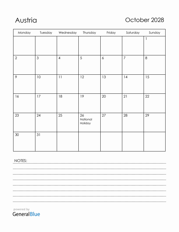 October 2028 Austria Calendar with Holidays (Monday Start)