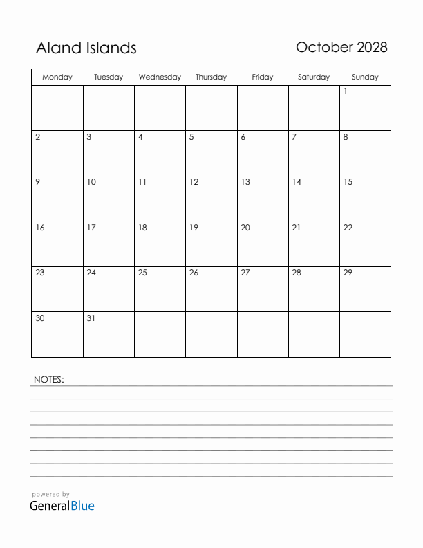 October 2028 Aland Islands Calendar with Holidays (Monday Start)