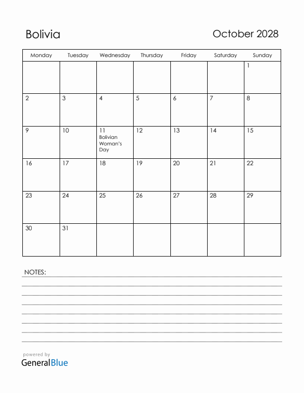 October 2028 Bolivia Calendar with Holidays (Monday Start)