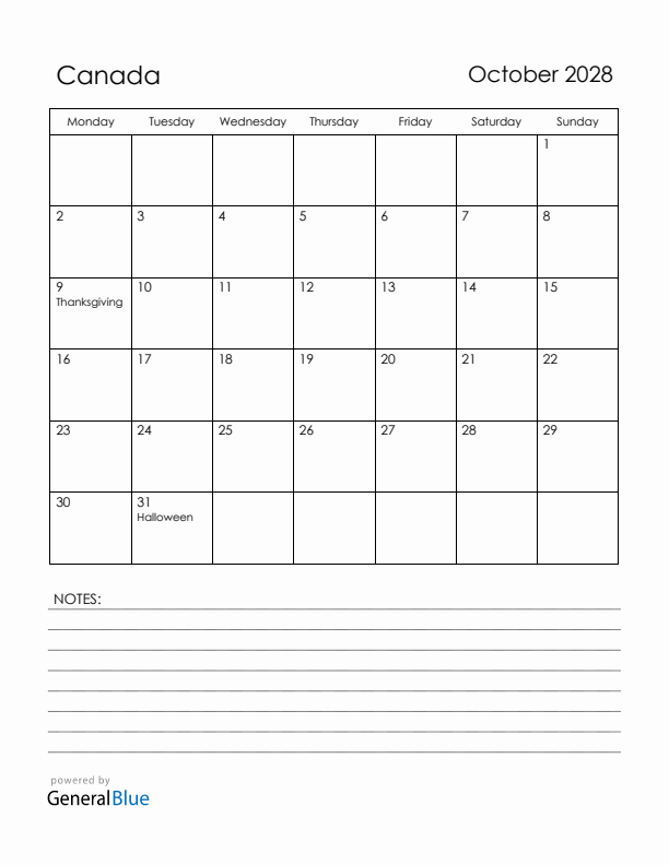 October 2028 Canada Calendar with Holidays (Monday Start)