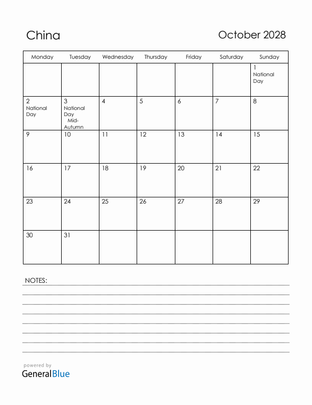 October 2028 China Calendar with Holidays (Monday Start)