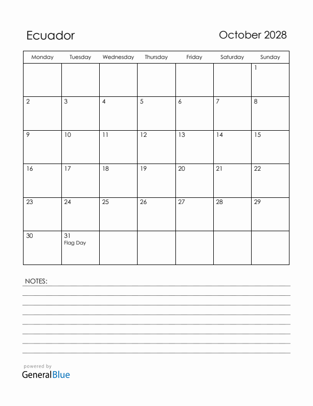 October 2028 Ecuador Calendar with Holidays (Monday Start)