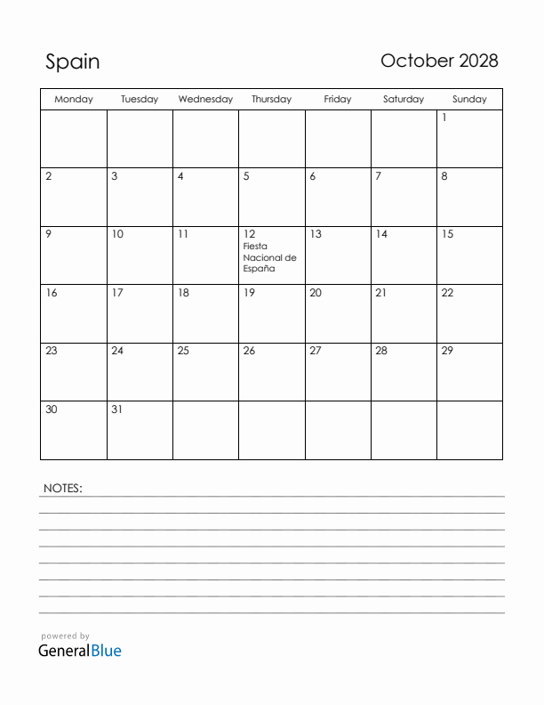 October 2028 Spain Calendar with Holidays (Monday Start)