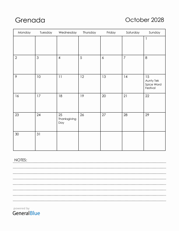 October 2028 Grenada Calendar with Holidays (Monday Start)