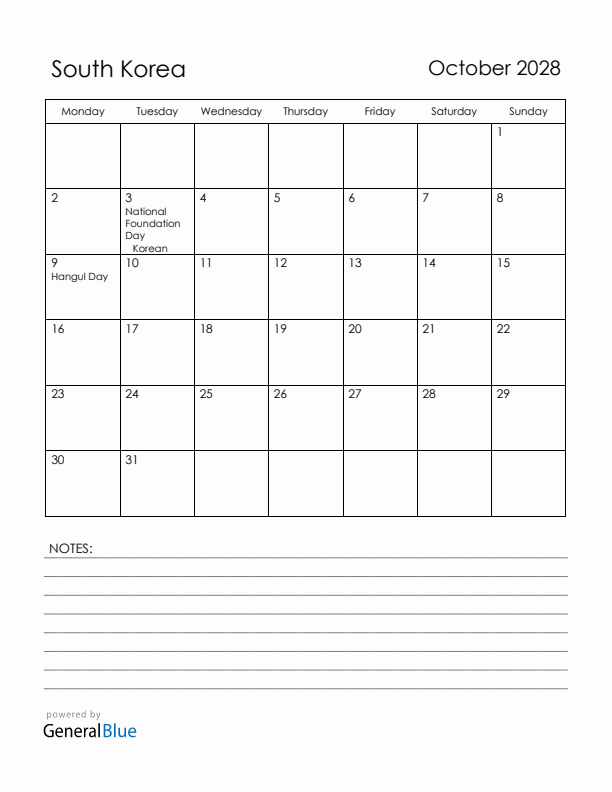 October 2028 South Korea Calendar with Holidays (Monday Start)