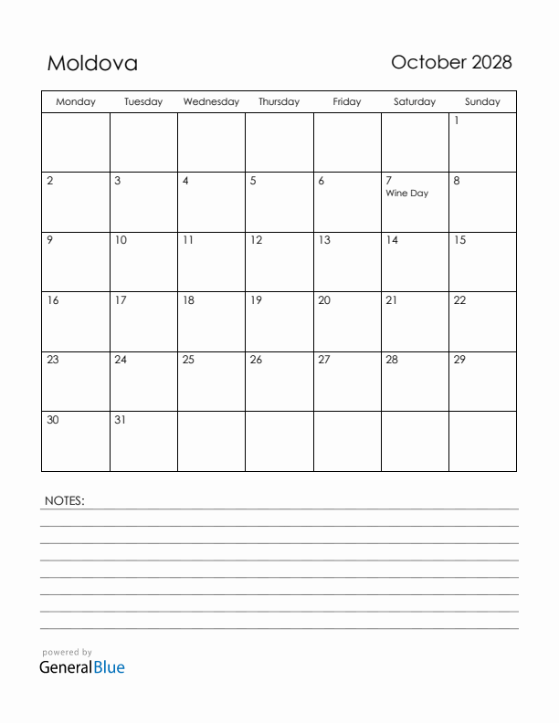 October 2028 Moldova Calendar with Holidays (Monday Start)